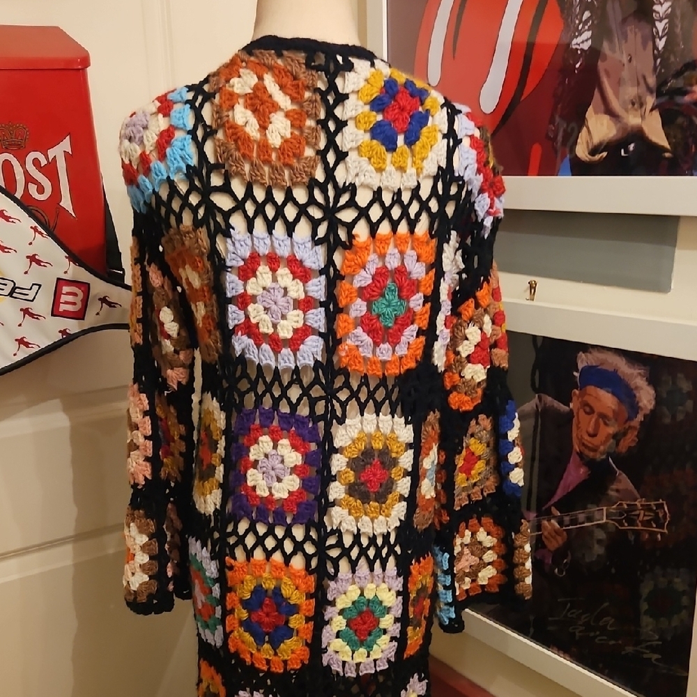 Colorful Crochet Open-Front Long Maxi Hand Crafted Cardigan - Picture 7 of 10